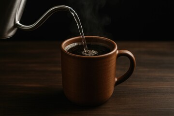 Boiling water is added to a clay cup for brewing tea or coffee.