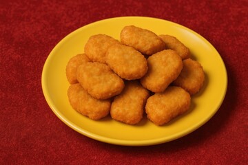 Golden chicken nuggets on a yellow plate with a red plush carpet