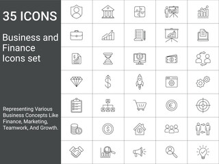 Business and Finance Line Icons Set. Business Strategy Outline Icons. business concepts, finance,
growth charts, teamwork, marketing, strategy. Editable Stroke Icon