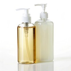 Two pump bottles with liquid, one amber and one clear, on a reflective surface.