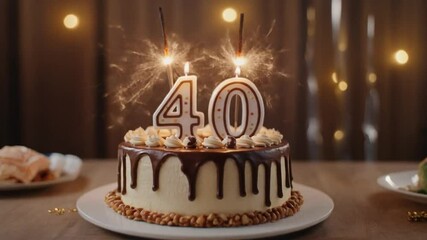 A beautifully decorated birthday cake with "40" candles and sparklers, celebrating a milestone birthday with elegance and joy.	