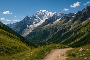 View of Mont Blanc from the trail leading to the Bertone refuge in Val Ferret