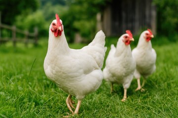 Fototapeta premium Farmyard hens strolling through rural scenery, nature photography