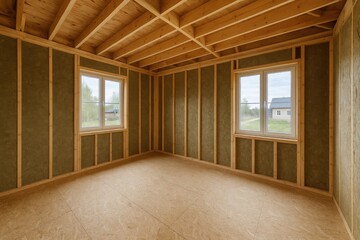 Frame house interior during construction in a rural village