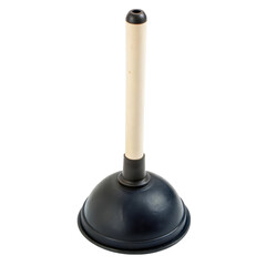 Plunger with a wooden handle and rubber suction cup for unclogging drains.