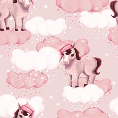 Cute Pink Ponies on Clouds, Seamless Pattern
