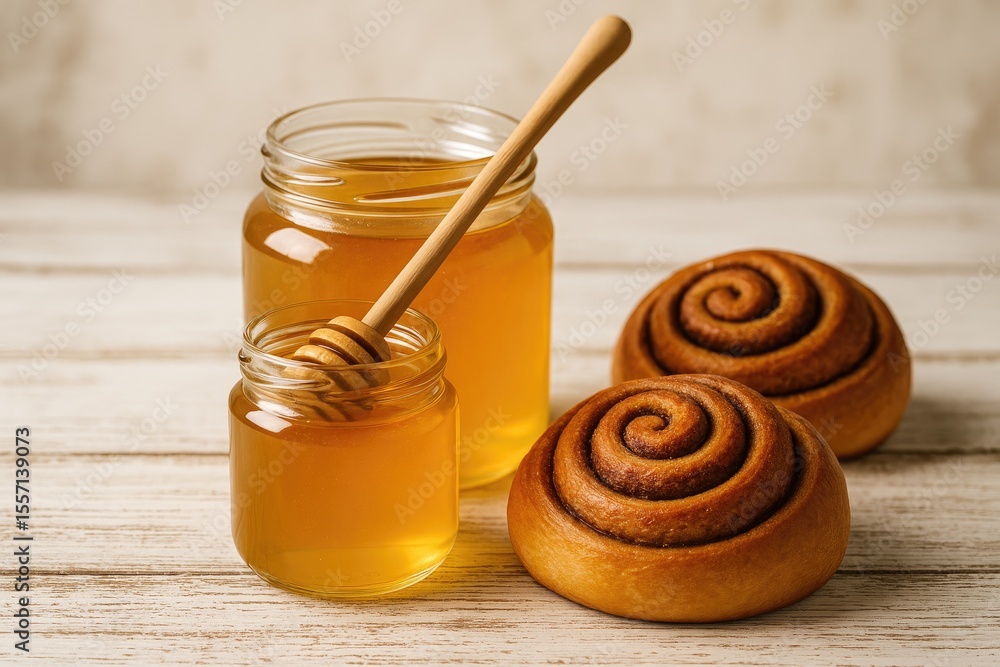 Poster close-up of honey stored in jars and rolls with a blurred background