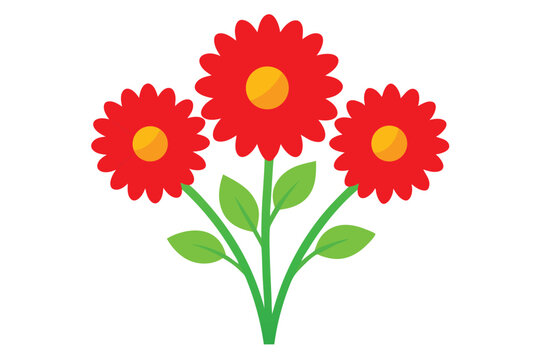 Illustration of Three Red Flowers with Yellow Centers and Green Stems on White - Powered by Adobe