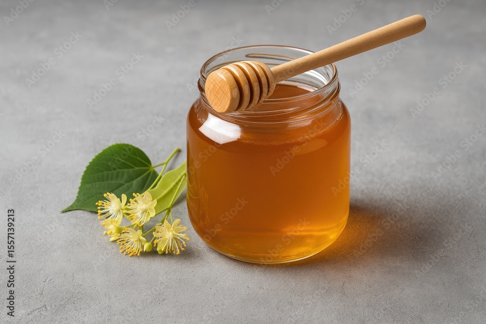 Poster container of floral honey with a honey dipper on a neutral concrete surface with empty space for tex