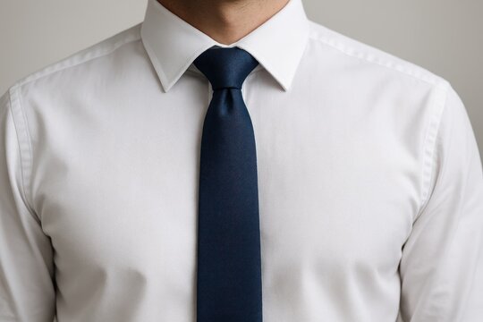 Close-up of a man wearing a white shirt and blue tie