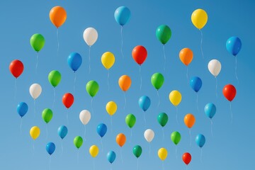 Vibrant rubber balloons ascend into a bright blue sky