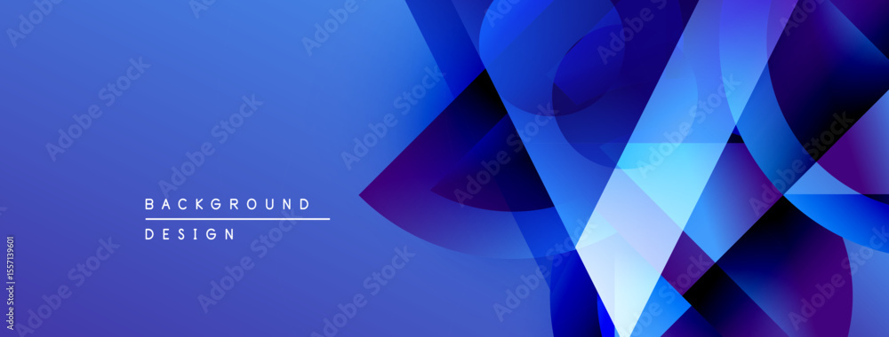 Poster Abstract blue background. Geometric shapes overlap creating dynamic visual effect. Modern design suitable for banners, presentations.