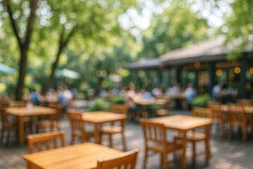 Obraz premium Daytime outdoor dining scene with a blurred cafe setting and bokeh backdrop