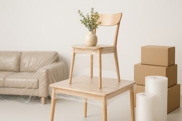 Indoor setting featuring a chair with a vase, surrounded by plastic-wrapped furniture and packed boxes on a plain white backdrop