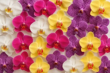 A wide variety of tropical orchids in full bloom
