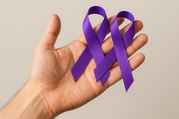 Person holding purple ribbons with hand gesture