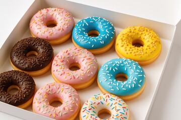 Close-up of vibrant multi-colored donuts inside a white container