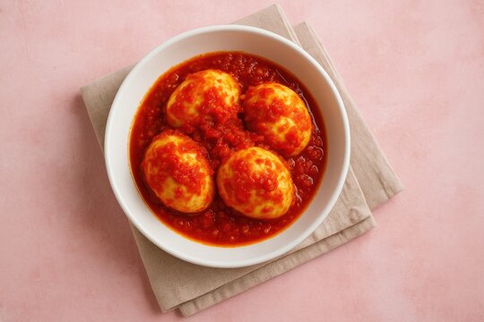 Close-up of spicy boiled eggs from a traditional Southeast Asian cuisine, presented in a white dish on a rustic pink backdrop with a napkin underneath.