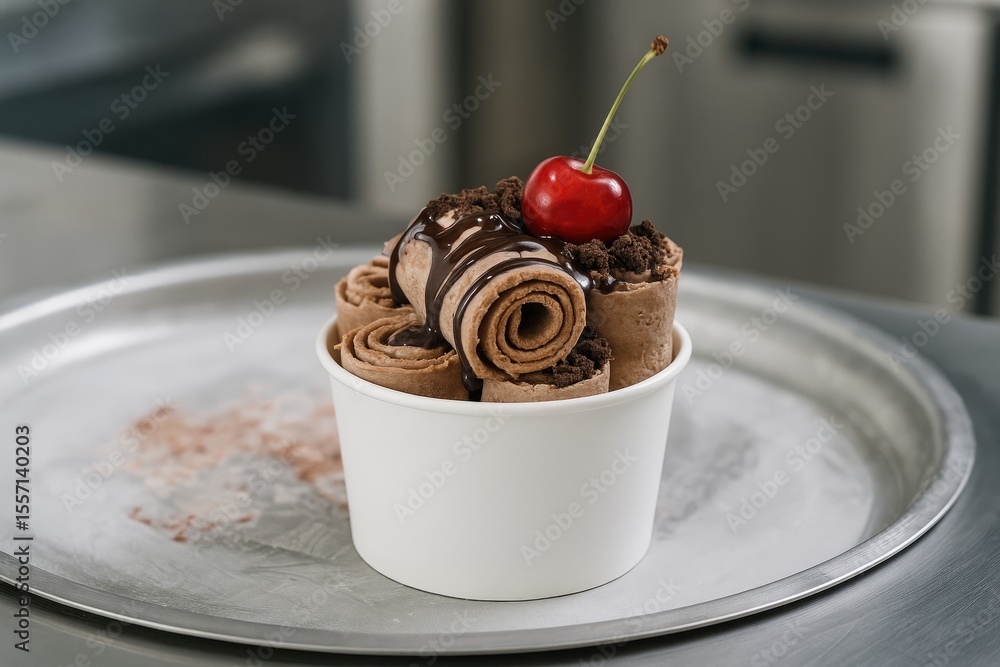 Poster artisan ice cream roll served in a cup with frozen table setting and preparation steps
