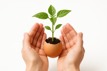 Hands shielding a sprouting plant inside an eggshell