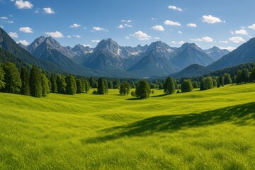 Vibrant sunlit alpine fields surrounded by majestic mountain ranges during a beautiful spring afternoon