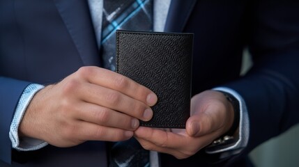 Professional man holds a sleek black wallet in his hands, displaying style and financial responsibility