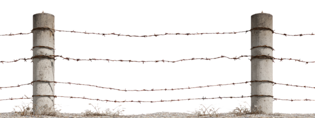 Aged rusty barbed wire fence on weathered concrete posts