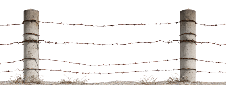 Aged rusty barbed wire fence on weathered concrete posts