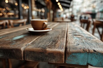 A cup of coffee rests on a rustic wooden table, set against a softly blurred caf�� - street background. Ideal for caf�� branding, menu designs, or social media posts related to coffee