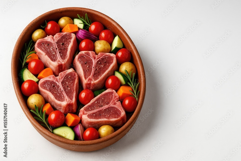 Poster rustic clay plate with lamb loin chops and vegetables ready for roasting with empty space for notes