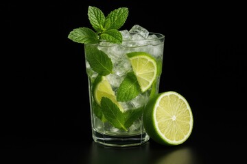 Refreshing mint and lime cocktail served in a glass against a dark backdrop