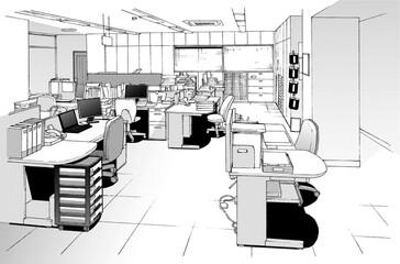漫画風ペン画イラスト　オフィス街_室内