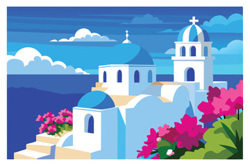 Santorini Greece Illustration White Buildings with Blue Domes, Pink Flowers and Blue Sea