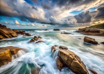 Obraz premium Crashing waves against rugged coastal rocks under a cloudy sky, long exposure photo creating soft water texture — nature only, no people.