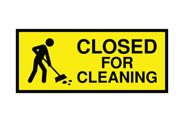 Closed for Cleaning Sign – Yellow Background with Sweeping Person Silhouette – High Quality Vectorial Stock Image