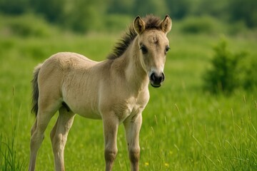 Obraz premium Young Konik horse foal exploring its natural habitat in a protected reserve.