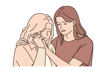 Providing Comfort: A kind woman consoles a weeping woman, offering support and understanding in a moment of sadness, captured in a comforting embrace.