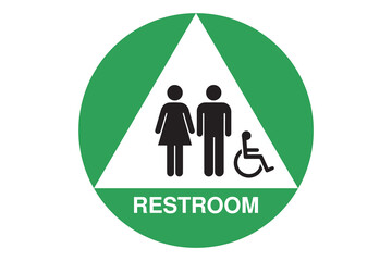 Inclusive Restroom Sign – Green Background with White Triangle and Accessibility Icons – High Quality Vectorial Stock Image