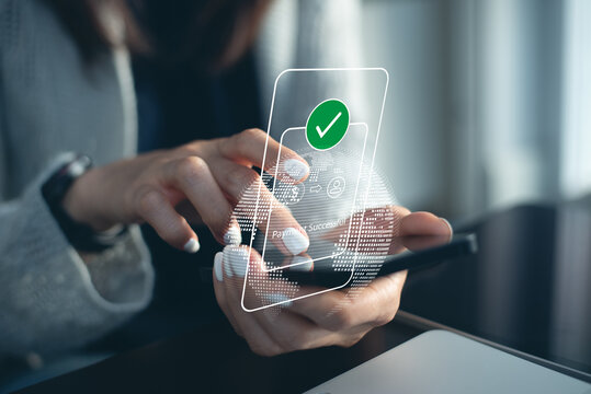 Digital banking, online payment concept. Woman using smartphone for digital online banking via mobile app, display Payment Successful confirmation, financial technology FinTech concept