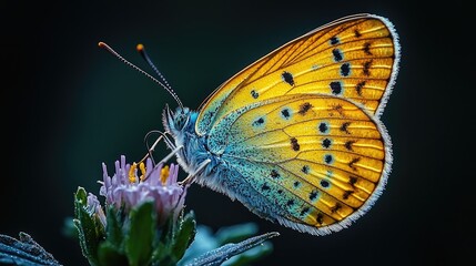 Obraz premium Vibrant butterfly rests on a delicate flower.