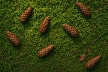 Lush woodland scene featuring vibrant moss and pine cones