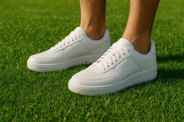 Individual sporting sleek white athletic shoes on lush green grass