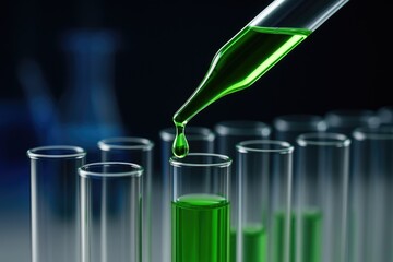 Scientific testing with a pipette dispensing green liquid into test tubes