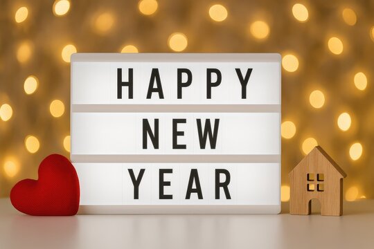 Festive scene featuring illuminated text and colorful bokeh lights with holiday ornaments - Powered by Adobe