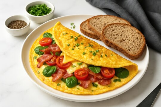 Wholesome Morning Meal Featuring Egg, Bacon, Cheese, and Veggies