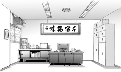 漫画風ペン画イラスト　オフィス街_室内