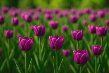 Fototapeta premium Vibrant purple tulips blooming in a lush garden