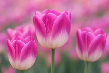 Naklejka premium Detailed close-up of colorful tulips in bloom with soft-focus floral backdrop, perfect for spring-themed wallpapers