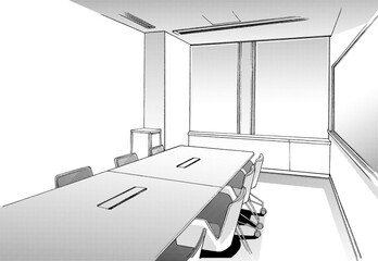 漫画風ペン画イラスト　オフィス街_室内