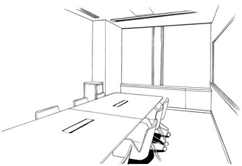 漫画風ペン画イラスト　オフィス街_室内